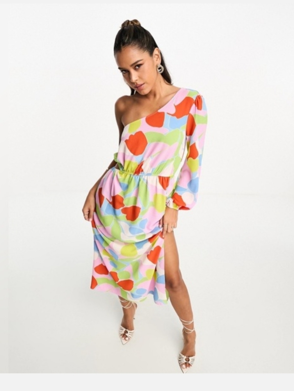 One-Shoulder Multicolor Abstract Print Dress Cut Out In The Side, Slit